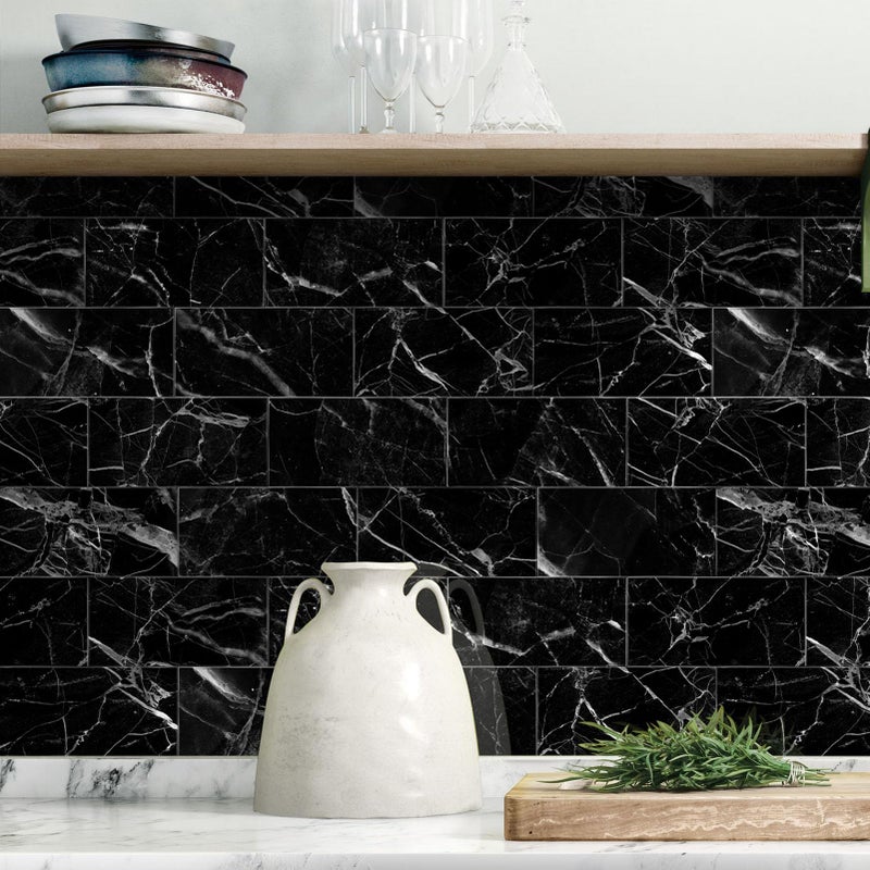 URCOLOR 32-Piece Peel and Stick Backsplash Wall Tile  4""x 8"" PVC Glossy Black Marble Stick on Subway Tiles for Kitchen  Bathroom  Laundry Room  Camper  Fireplace - Image 2